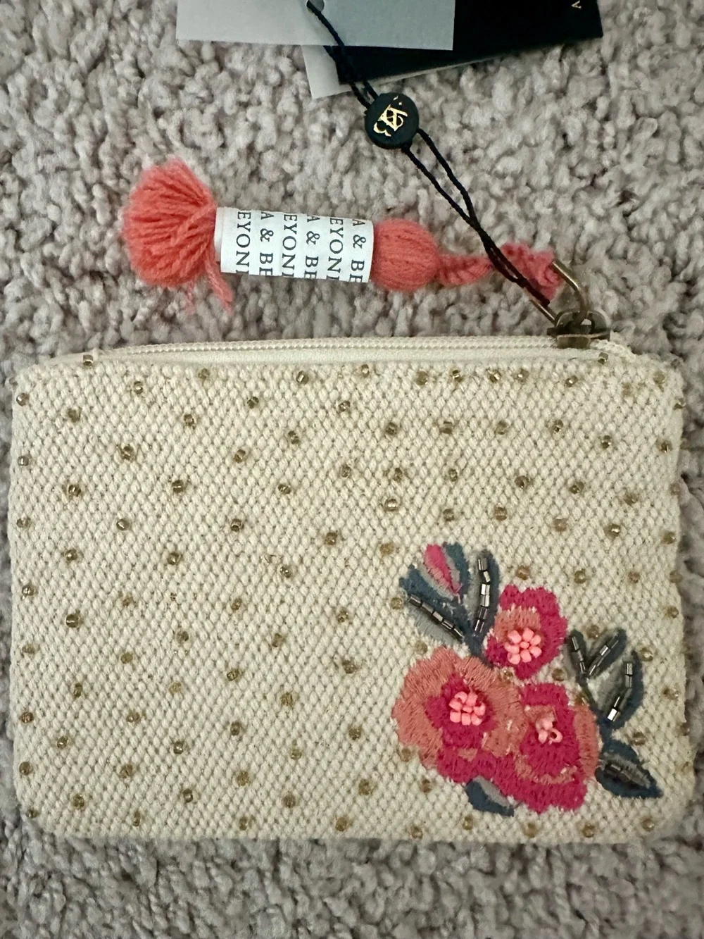 America and Beyond Embellished Floral Beaded Wristlet - Cream with Pink Accents